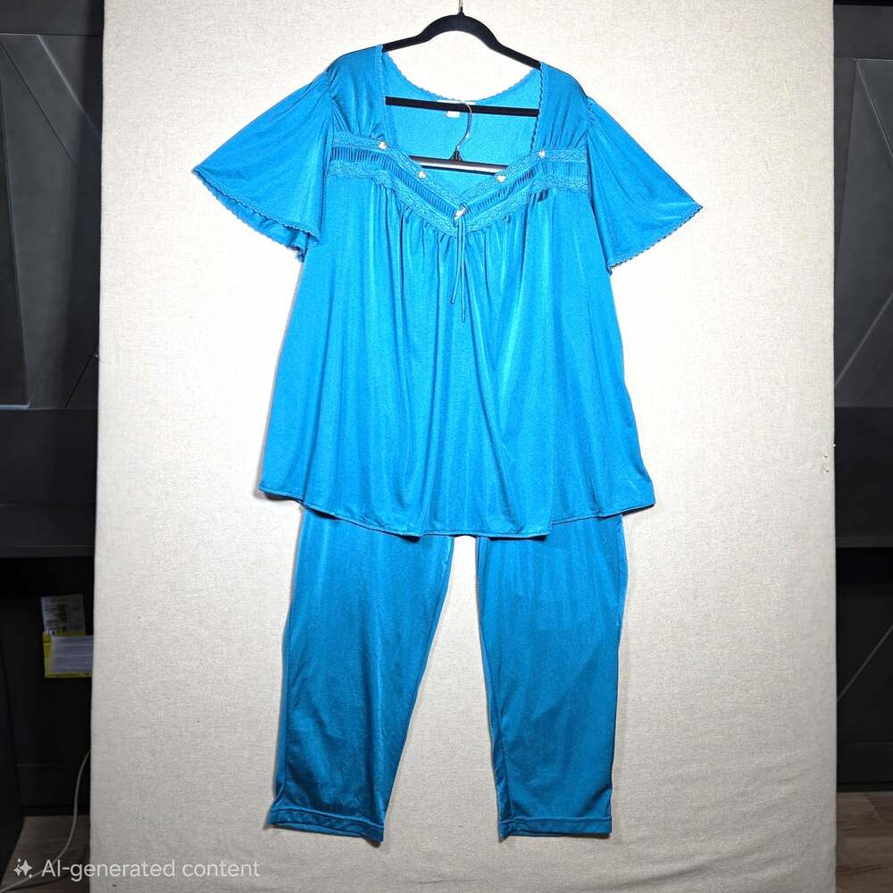 Only Necessities Womens 1X Blue Nylon silky 2pc Pajama pants Set Lace Trim